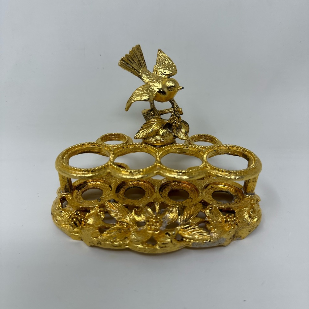 Vintage Matson Lipstick Holder Gold Tone Metal Bird Flowers Room Vanity Decor